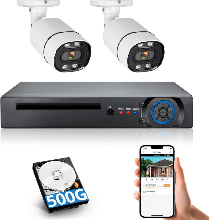 Fuers مجموعة DVR للمراقبة 8CH H.265+، نظام كاميرات الأمان مع 2 × 2592TVL 5MP كاميرات رصاصية سلكية IP66 للاستخدام الداخلي والخارجي، مع قرص صلب سعة 500G، تنبيه عبر البريد الإلكتروني - Image 1